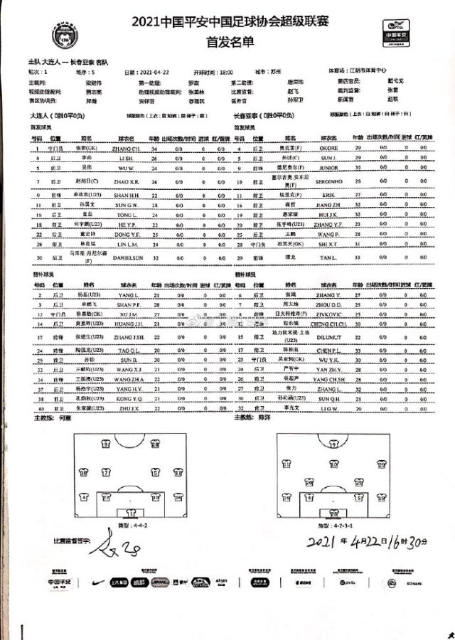 大连人vs亚泰首发：单外援PK4外援 林良铭谭龙出战